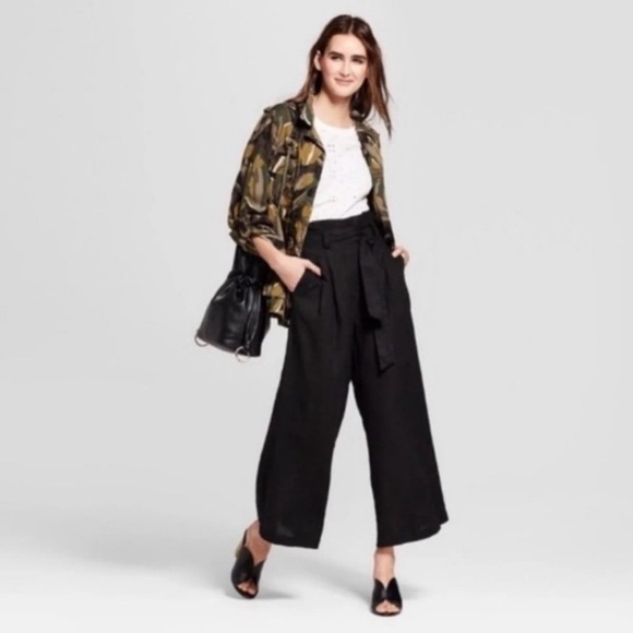 Who What Wear Black Linen Blend Paper Bag Waist Belted Pant Size 10 - Picture 1 of 5